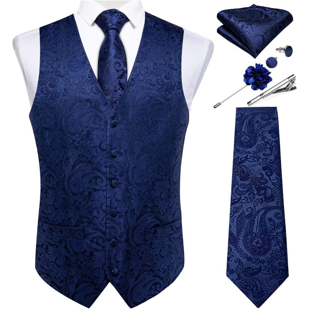Mens Vest and Tie Set - Blue Paisley Vest